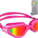 OMID Kids Swim Goggles, P2mini Polarized Swimming Goggles Comfortable for Age 6-14 (B1-mirrored Red Lens Rose Frame)