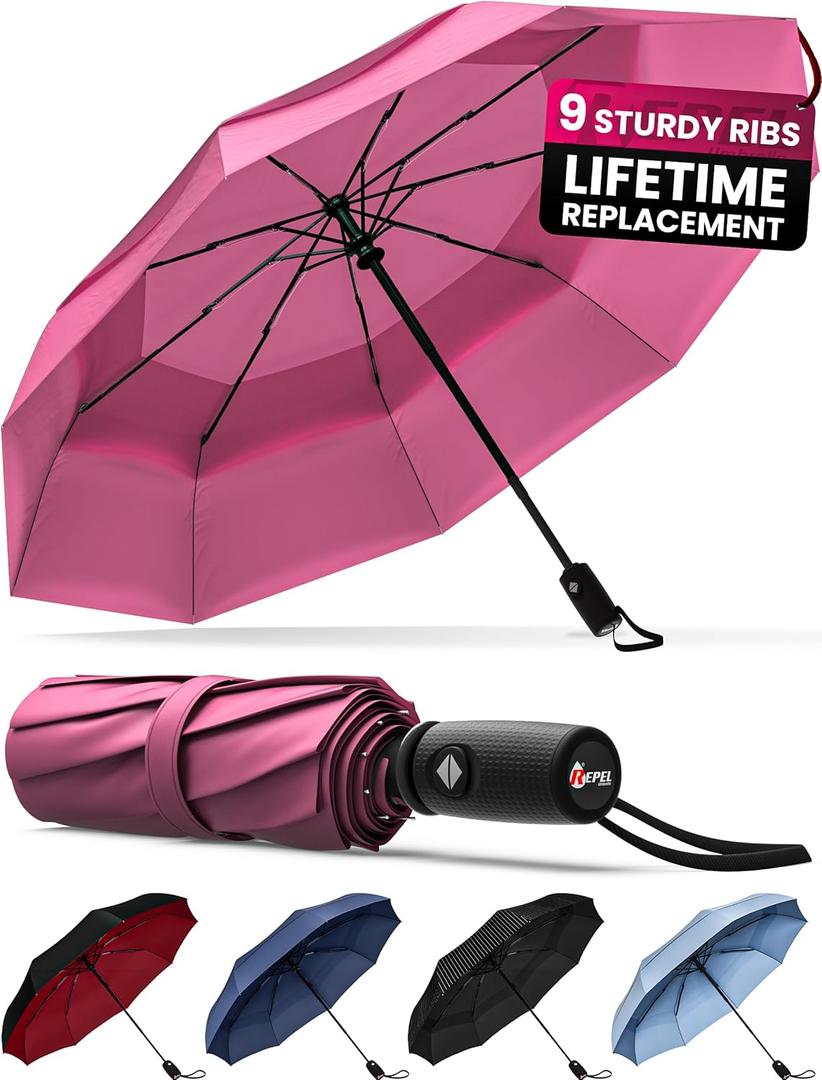 REPEL Windproof Travel Umbrella - Compact & Withstands Winds up to 85MPH , Strongest Premium Auto Folding Umbrella for Rain and Sun - Durable, Light & Portable for Women & Men , Fits Backpack & Cars (Pink)