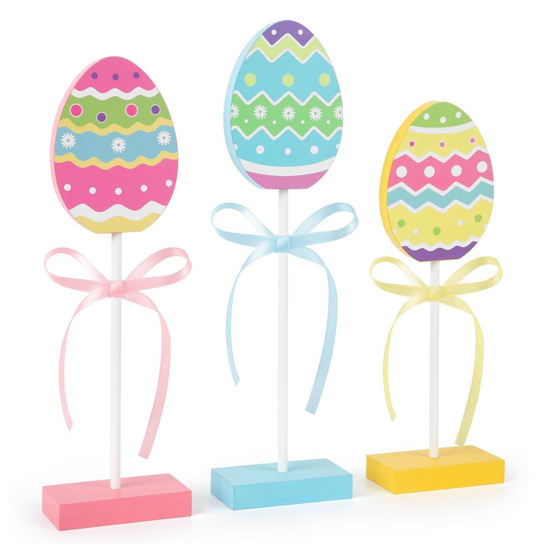 3 Pieces Easter Tiered Tray Decor, Wooden Eggs Decor, Colorful Easter Table Decorations for Home Farmhouse Kitchen Decorations