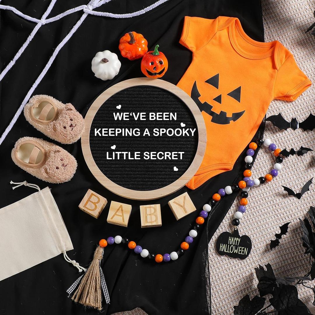 23 Pcs Halloween Pregnancy Announcement Set Fall Baby Announcement Idea Pregnancy Reveal Newborn Bodysuit Felt Bootie Wood Blocks Prop Bead Pumpkin Bat Letter Board Kit for Party