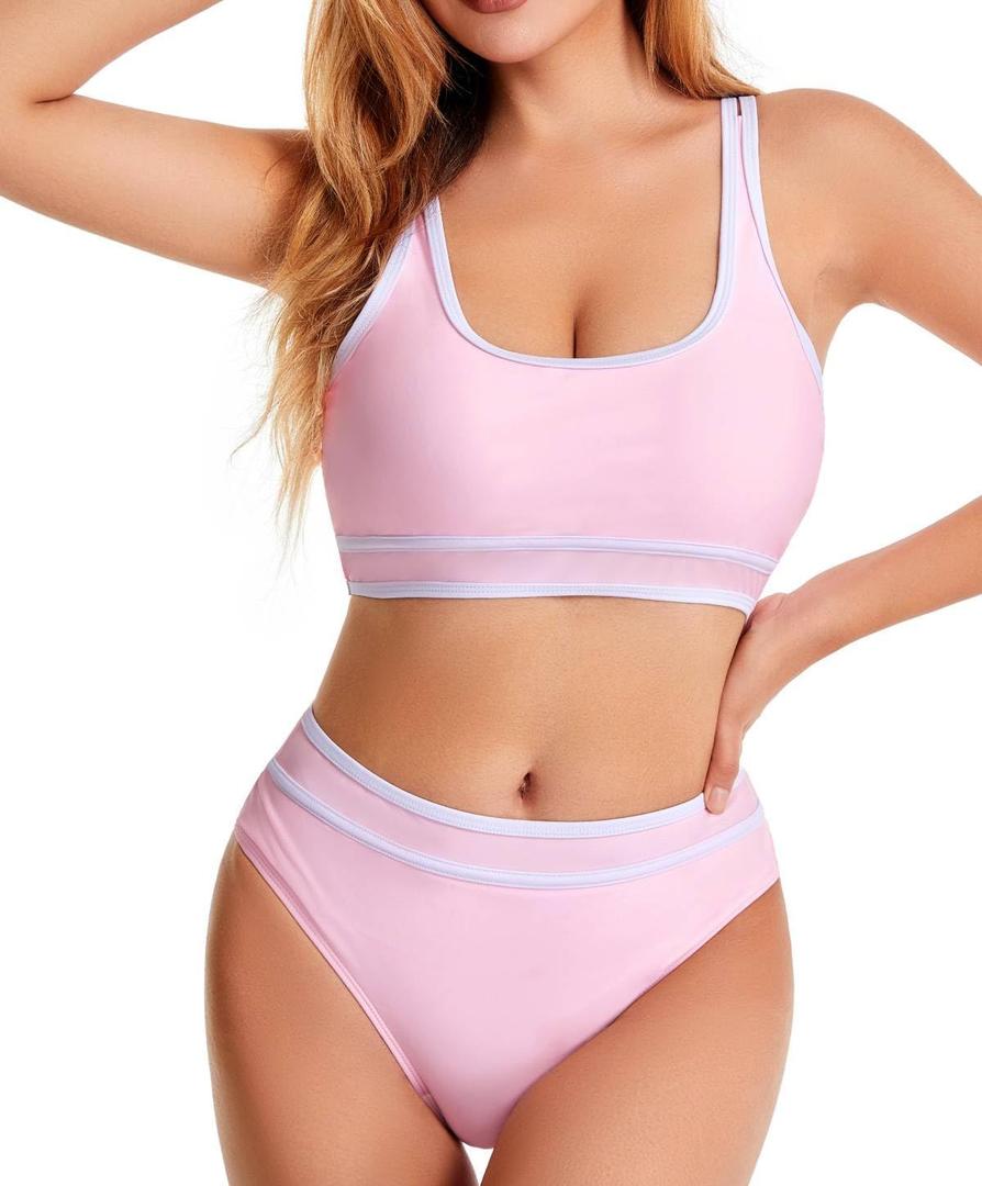 Women's Sporty Two Piece Swimsuits High Waisted Athletic Bikini Sets for Women Color Block Bathing Suit with Bottoms (Pink, S)