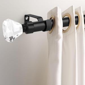 Curtain Rod For Window 30 to 54 inch, Decorative Drapery Rod with Crystal Diamond Finials, 1 Inch Decorative Curtain Rod Set, Black, 1 Pack