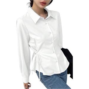 SweatyRocks Women's Button Down Long Sleeve Blouse Side Drawstring Shirt Work Business Tops (Medium, White)