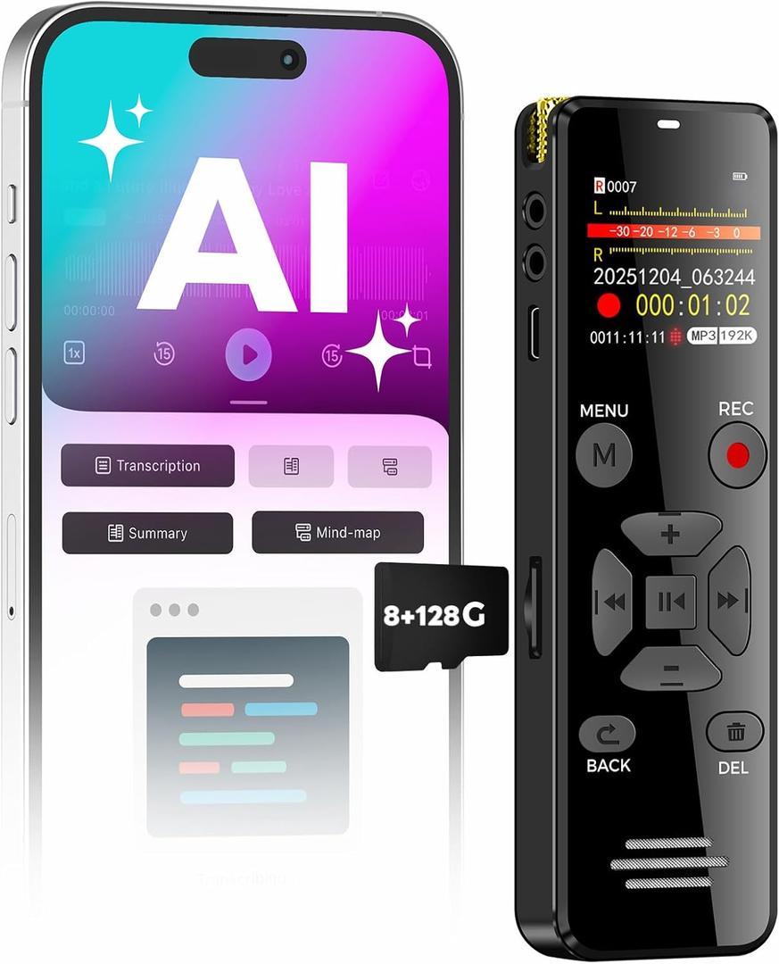 AI Digital Voice Recorder 128+8GB: AI Transcribe & Summarize Voice Activated Recorder with Playback | OTG - Portable Tape Recorder for Meeting & Lectures