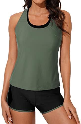 Aleumdr Womens Athletic 3 Piece Tankini Swimsuits with Swim Tank Tops with Sports Bra and Boyshorts Bathing Suits M