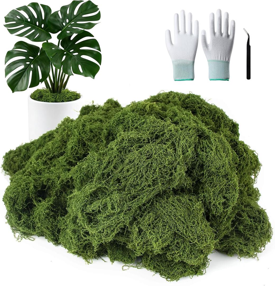 MGLIFEUL 12OZ Artificial Fake Moss for Crafts Plants Indoor with Non-Stick Gloves and TweezersPreserved Green Plant Faux Craft Moss Musgo for Fairy Garden Indoor Outdoor Home Decorating Model Making