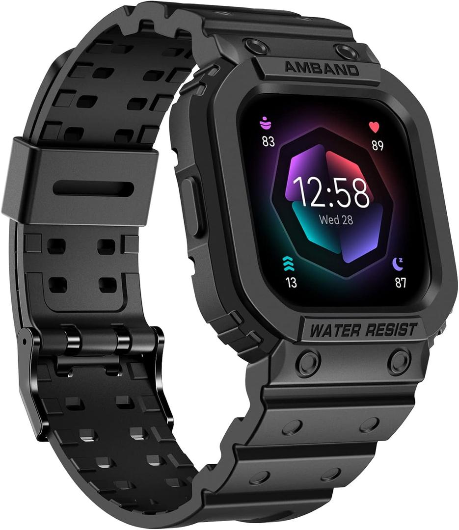 AmBand Compatible for Fitbit Versa 4/3/2/ Fitbit Versa Lite/Fitbit Sense 2/ Fitbit Sense Bands with Case, Protective Smartwatch Case Strap Rugged Sport Protector Wristbands Men Black