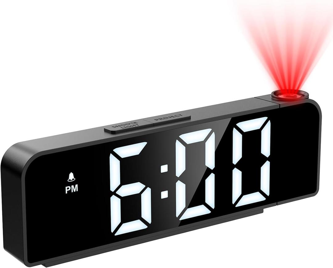 JXTZ Projection Alarm Clock, Alarm Clocks with Projection on Ceiling with 7.9" Large Display, LED Digital Clock with 4 Level Brightness, Snooze, Night Mode, Temperature, Clock for Bedroom Living Room (Black-white)