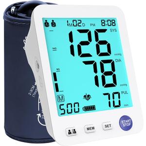 ADKING Automatic Upper Arm Blood Pressure Monitor Home Use, Large BP Cuff, Large Backlit Display, 2X500 Memories, Nylon Carry Case (Blue)