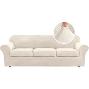 H.VERSAILTEX Modern Velvet Plush 4 Piece High Stretch Sofa Slipcover Furniture Protector Form Fit Luxury Thick Velvet Extra Large Sofa Cover for 3 Cushion Couch Width Up to 105 Inch(XL Sofa, Ivory)