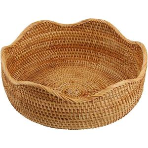 Handmade Rattan Round Fruit Basket Food Storage Bowls Kitchen Organizer Snack Serving Bowl, 11 Inch Boho Wicker Bread Bowl Woven Basket Dcor for Nuts with 3Side and Wavy Edge (Large 11")