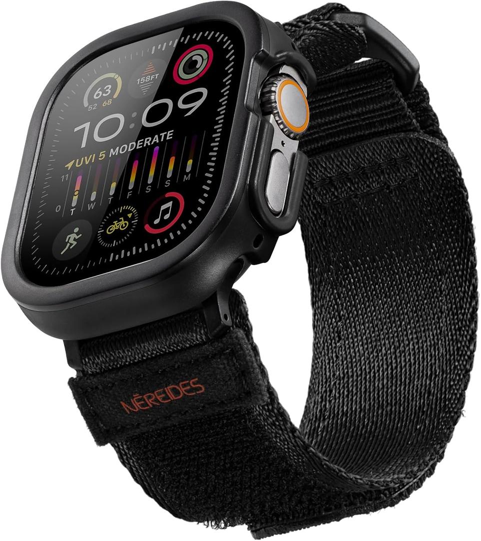 Rugged Case with Band for Apple Watch Ultra 1/2 Band 49mm, Hook and Loop Nylon Sport Strap with Case for Iwatch Men(Black) (49mm, Black)