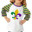 BesserBay Girls Adorable Cute Fleur-de-Lis Print 3/4 Sleeve Raglan Stripe Top White Purple Yellow Fat Tuesday Outfit 6 Years