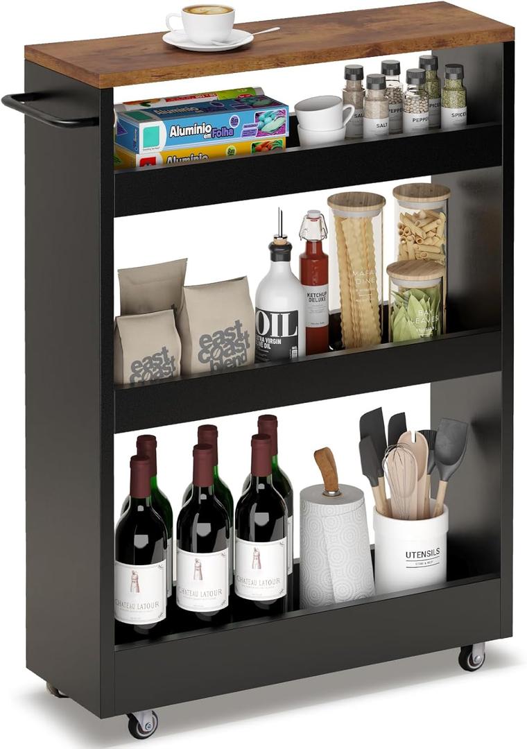 TEAMIX 4 Tier Slim Rolling Storage Cart with Wheels, 24.8D x 7.9W Inches, Height Adjustable, Deeper Utility Cart with Handle Narrow Shelf Organizer for Kitchen Laundry Bathroom Pantry Office (Black)