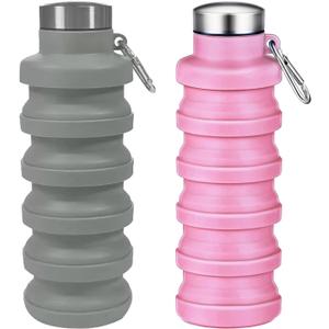 Collapsible Water Bottles, 16oz Capacity Portable Reusable Silicone Water Bottle, Leak-proof, with buckle, foldable storage, Lightweight Durable for Fitness, Cycling, Sports, Camping, Hiking (Grey+Pink)