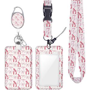Pink Bow ID Badge Holder Badge Reel Lanyards for ID Badges Work Vertical Protector Retractable Carabiner Clips Heavy Duty Key Lanyard for Women Girls Scholar Novelist Architect Dentist Office Gifts