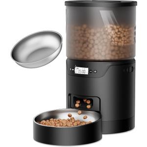 Automatic Cat Feeder: 3L Auto Food Dispenser with Timed Feeding| 6 Meal Programmable& 1-20 Portion Precise Control- Easy to Clean for Cat Indoor| Desiccant Keep Food Fresh with Staiess Bowl (Black+Stainless Bowl)