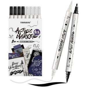 TRANSON 4 Black and 4 White Paint Markers Brush and Fine Dual-tip Acrylic Paint Marker Set for Rock Painting Glass Canvas Wood Leather Ceramic Painting