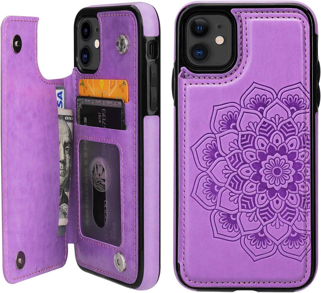 Vaburs Compatible with iPhone 11 Case Wallet with Card Holder, Embossed Mandala Pattern Flower Premium PU Leather Double Magnetic Buttons Flip Shockproof Protective Cover for 6.1 Inch, (Purple)