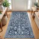 Vintage 3x5 Washable Rug for Entryway, Super Soft Navy Entryway Rug with Non-Slip, Printed Faux Wool Floral 3x5 Area Rug Thin Floor Carpet for Kitchen, Bedroom, Living Room