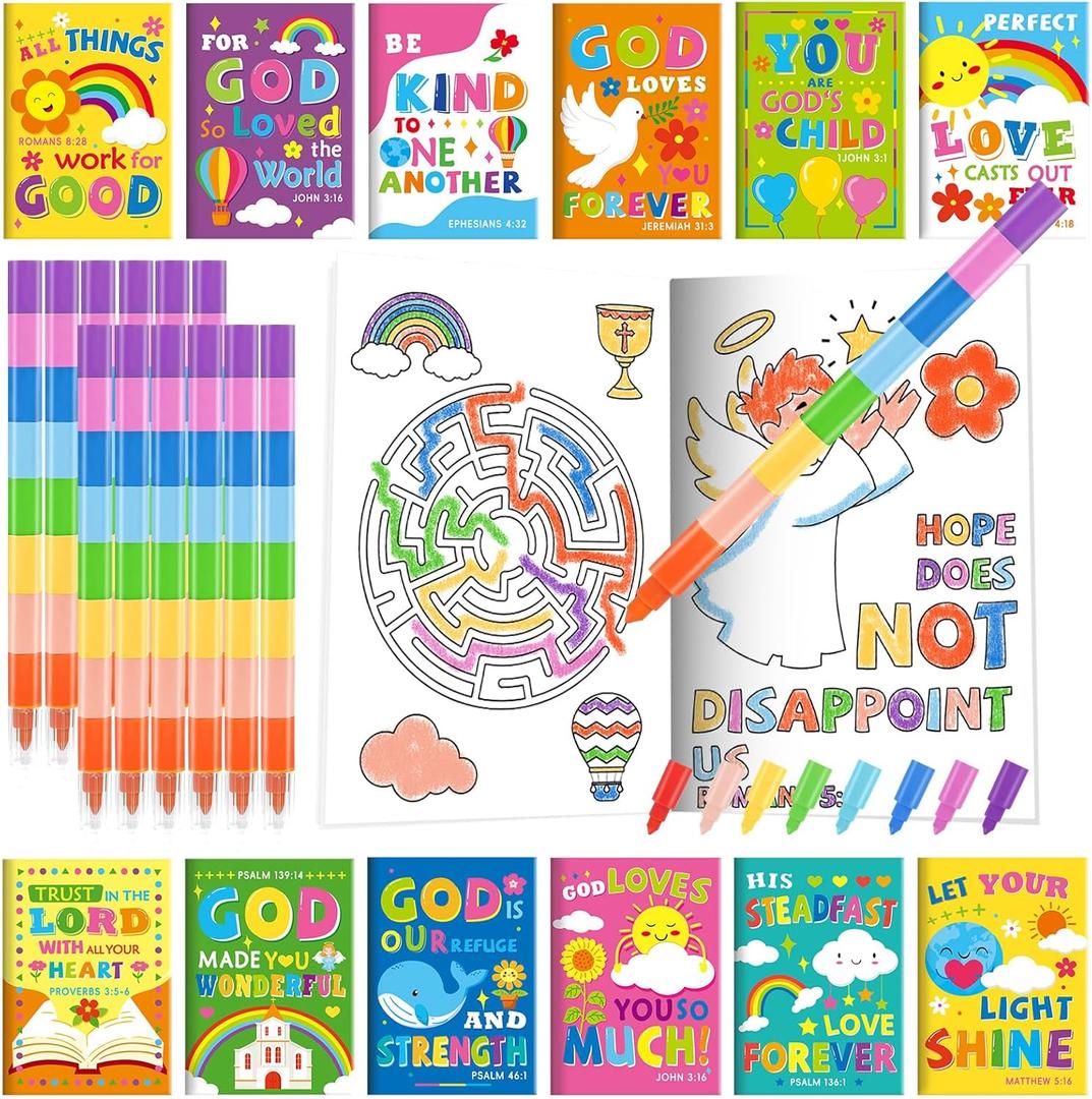 BenLouis 24 Bible Verses Mini Coloring Books Kids with 24 Stacking Crayons Christian Party Favors Activity Books Bulk for Kids Sunday School Religious Church Goodie Bag Gift Stuffer Classroom Reward