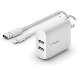 Belkin 24W Dual Port USB Wall Charger - Lightning Cable Included - iPhone Charger Fast Charging - USB Charger Block for Power Bank, iPhone 14, iPhone 13, iPhone 12, iPhone 11, iPad Pro, Samsung & more