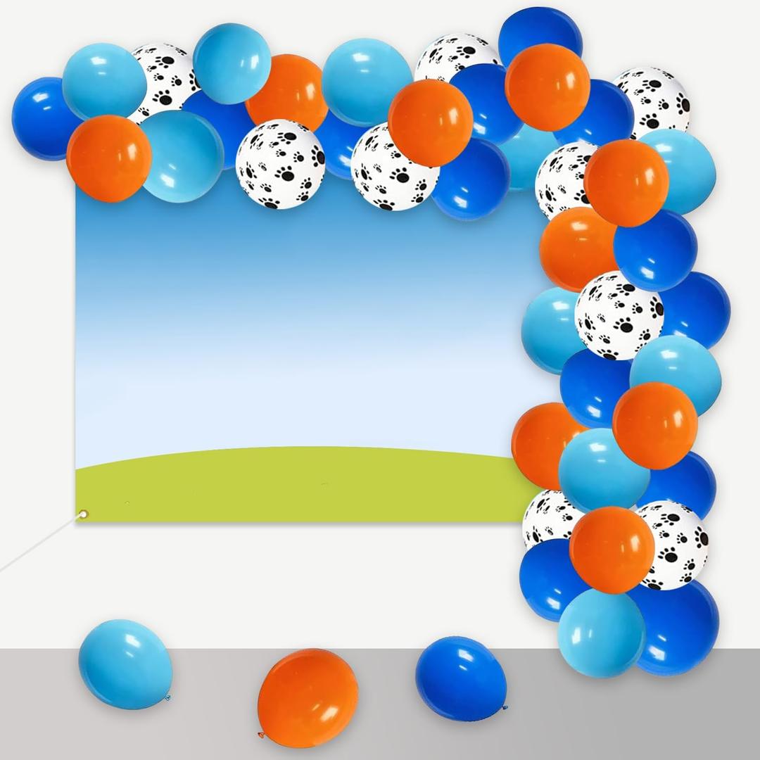 Blue Dog Backdrop 5x3 FT with Blue Orange and Dog Paw Print Balloons Garland Arch Kit Cartoon Theme Party Decorations for Kids Baby Shower Party Cake Table Decoration Supplies