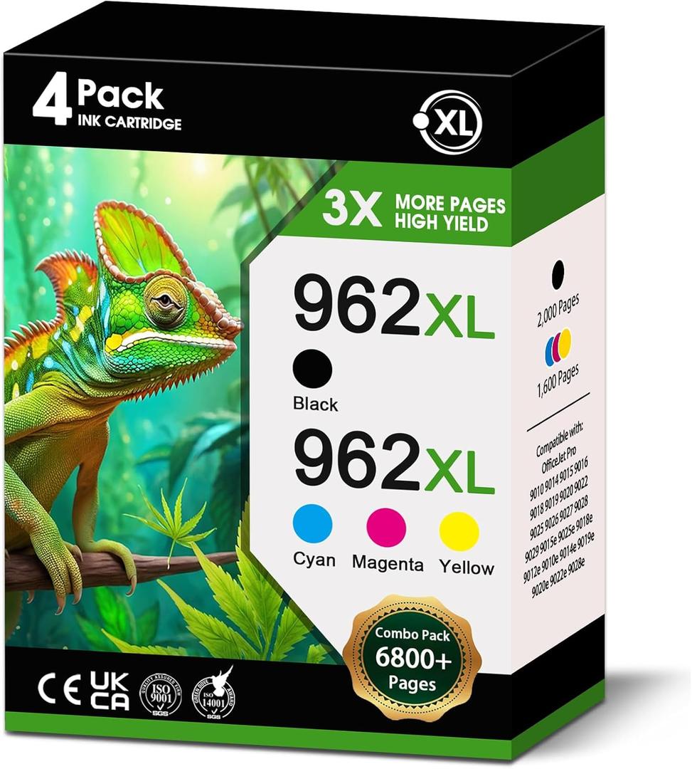 962XL Ink Cartridges High Yield Black Color Combo Pack (4-Pack, 1B/1C/1M/1Y) Replacement for HP Ink 962XL 962 Work with OfficeJet Pro 9010 9015 9018 9012 9010e 9014e 9015e 9018e 9025e Printer