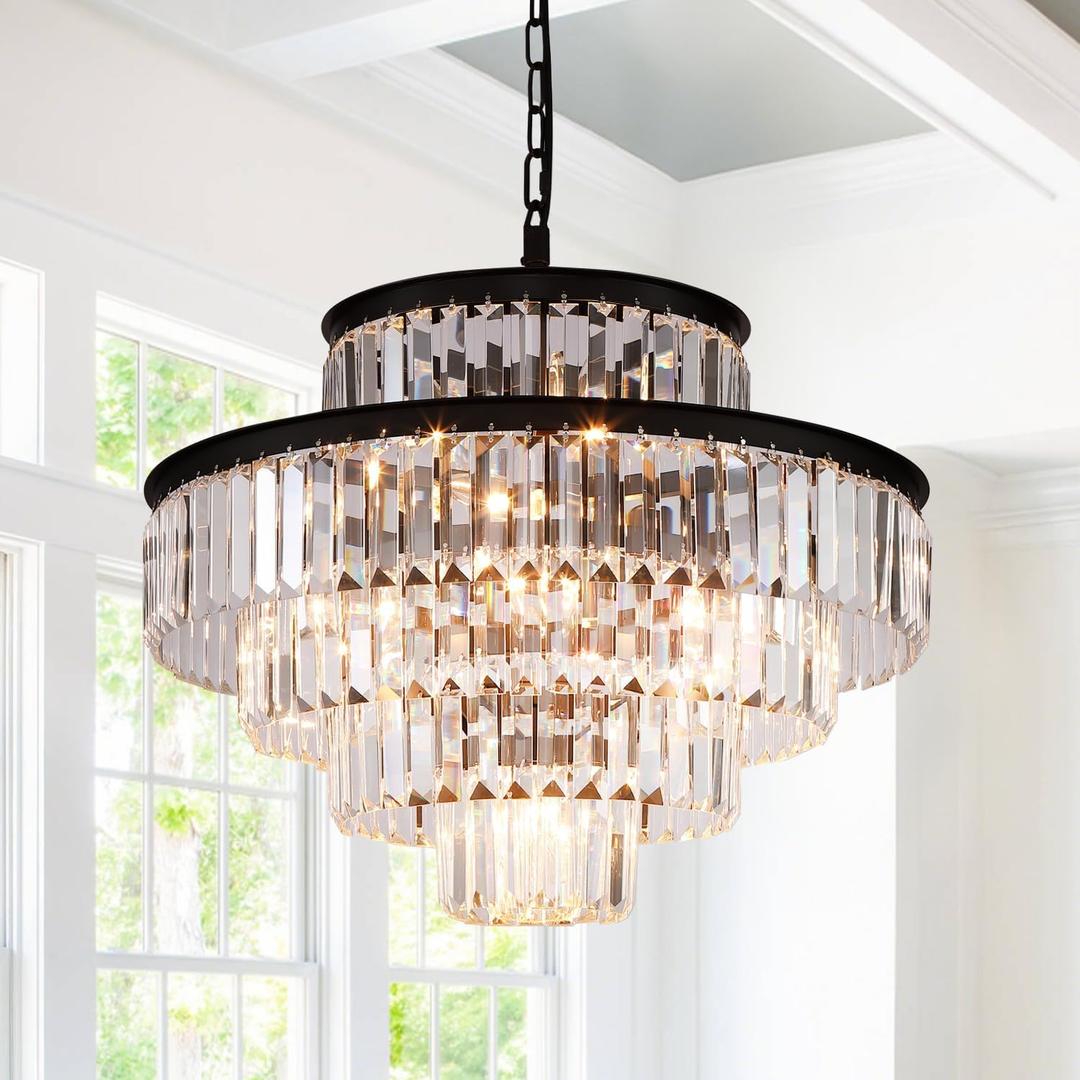GMlixin Black Modern Crystal Chandelier Pendant Ceiling Lights Chandeliers Lighting Fixture for Dining Living Room Foyer Hallway 12-Lights (Dia 24 Inch)