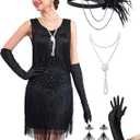 1920s Flapper Dresses for Women, Lace V-Neck Great Gatsby Costumes with Fringe (Small, Black)