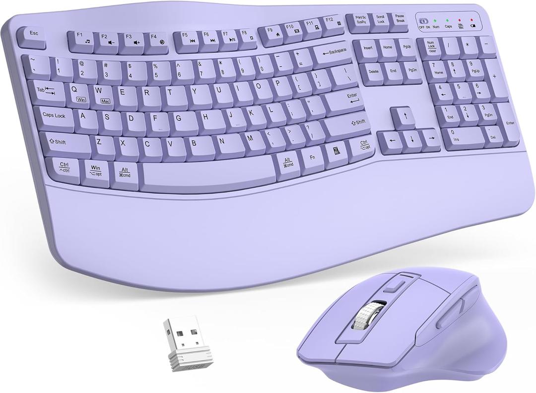 Wireless Keyboard and Mouse Combo, 2.4G Full Size Wave Keys Ergonomic Keyboard with Wrist Rest and 3-Level DPI Adjustable Wireless Ergonomic Mouse for Windows, Mac OS Desktop/Laptop/PC(Purple)