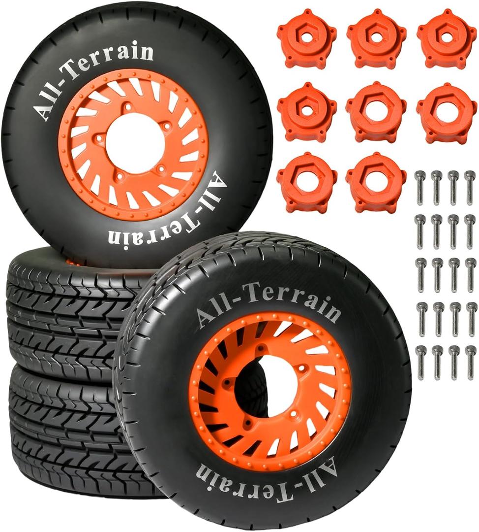 4PCS 1/10 RC Short Course Truck Tire, All-Terrain Rubber Tire and Nylon Wheel with 12mm/17mm Hex Compatible with 1/10 Traxxas Slash 4WD 2WD Arrma Senton Axial Losi Redcat RC Buggy, Orange
