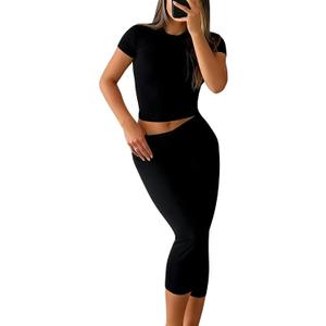 YETOWA Womens 2 Piece Workout Sets High Waisted Tummy Control Crop Top Capri Leggings Stretchy Soft Activewear XL 
