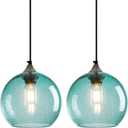 Light Blue Glass Pendant Lights Kitchen Island Lighting Globe Pendant Light Fixtures Modern Pendant Lighting for Bedroom Living Dining Room Light Fixture (7.87 in, 2 Pack)