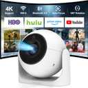 [Auto Focus] Mini Portable Projector with WiFi and Bluetooth, Built-in Apps Smart Projector 4K Support, 180 Rotation Auto Keystone, Home Outdoor Movie Projector Compatible with TV Stick/Phone/Laptop (White ball)