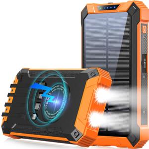GOODaaa Power Bank Wireless Charger 36000mAh Built in 4 Cables Six Outputs 15W Fast Charging Power Bank for All Mobile Devices Three Inputs Solar Portable Charger with Dual Flashlights, Carabiner (Orange)