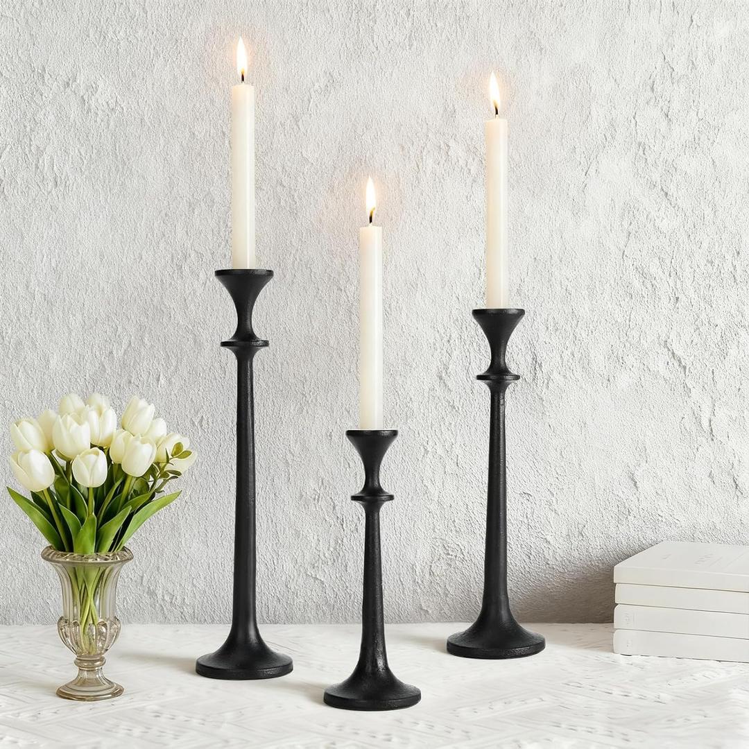Black Taper Candle Holders Set of 3 Heavy Cast Iron Black Candlestick Holder for Table Centerpiece Modern Decorative Tapered Candle Stand Tall Set for Home Decor Fireplace Wedding Halloween Christmas