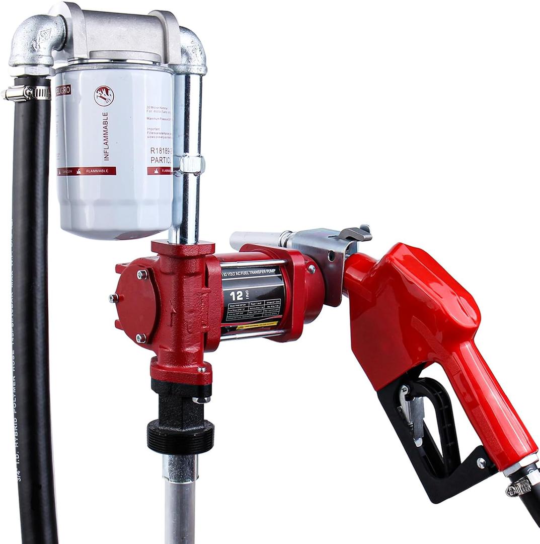 110V AC 12GPM Fuel Transfer Pump with Automatic Nozzle & Hose Kit for Gasoline Diesel Red with Particulate Filter
