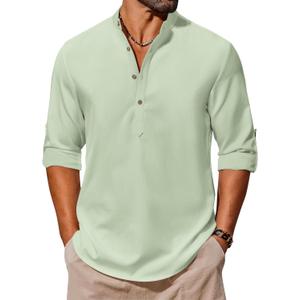 COOFANDY Men's Casual Henley Shirts Long Sleeve Band Collar Lightweight Beach Shirts Summer T-Shirts (XXL)
