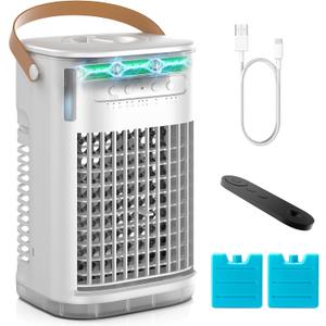 Mini Air Conditioner, Portable Air Conditioners w/Remote, 5400mAh Built-in Battery, 1.2L Water Tank & 2 Ice Boxes, Auto-off Timer, Evaporative Air Cooler With 3Speeds, Desktop Fan For HomeOutdoors