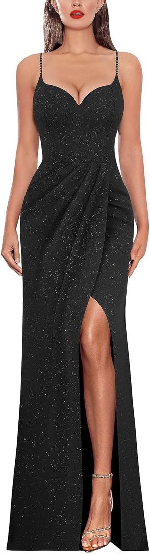VFSHOW Womens Sexy Formal Ruched Fitted High Slit Bodycon Maxi Dress Spaghetti Strap Sweetheart Cocktail Prom Evening Gown (Large, Sparkly Black-c)