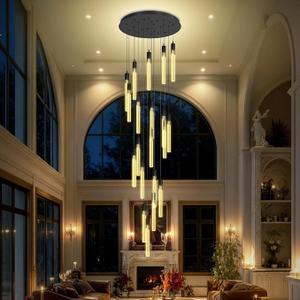 Flashing God Black 20 Lights High Ceiling Chandelier Modern Dimmable Light Fixtures Foyer Chandeliers Pendant Lighting Crystal Ceiling Chandelier Fixtures for Villa Staircase Hallway 11.5feet Long