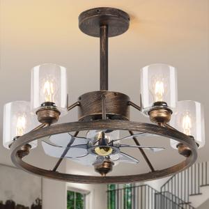 PAZALA Wagon Wheel Ceiling Fans with Lights, Modern Farmhouse Ceiling Fan with Light, 24" Rustic Black Chandeliers Fans,Vintage Fandelier with Remote,5 Glass Shade Fan Light