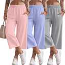 Sweetyweee 3 Pack Women's Capris Pants Wide Leg Lightweight Sweatpants Loose Yoga Crop Pants Elastic Soft Capri with Pockets(Light Gray, Light Blue, Cherry Blossom Pink,XX-Large)