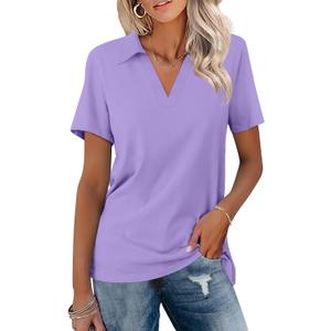Women's Polo Shirts Short Sleeve V Neck Summer Tops Business Casual Collared Shirts Loose Tees (X-Large, Purple)