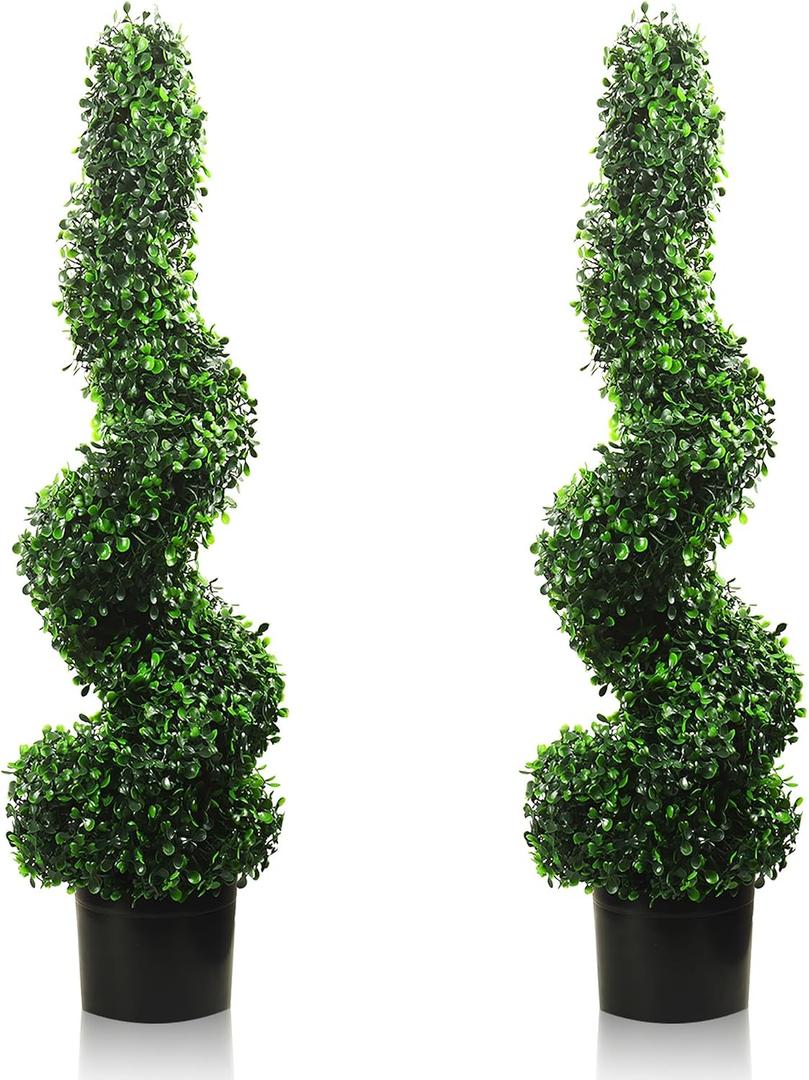 4FT Artificial Spiral Boxwood,Topiary Trees Artificial Outdoor-Indoor Outdoor Decor - Plastic Pots - Set of 2