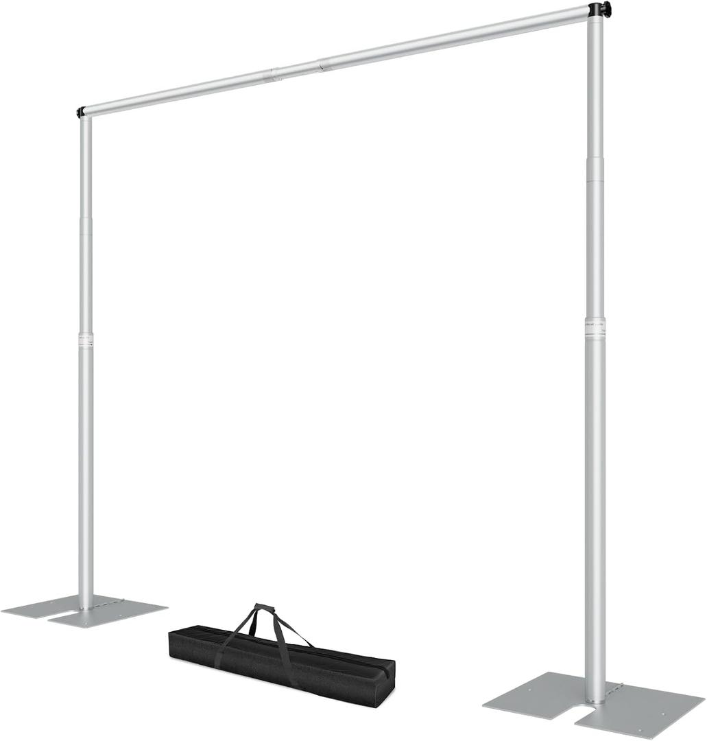 EMART Heavy Duty Backdrop Stand, 8.5x10Ft Adjustable Pipe and Drape kit with 9.26 LBS Steel Flat Base, Sturdy Metal Diy Photo Background Frame for Parties, Events, Wedding, Photography - Silver