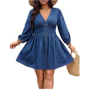 Women's Denim Plus Size Dress Long Sleeve V Neck Button High Waist Pleated A Line Midi Dress (Blue, 5X-Large)