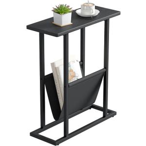 Yusong Small Narrow Side Table for Small Spaces, 17.7" W Slim End Table Nightstand with Storage Holder, Accent Skinny Snack Couch Bedside Table, Black Oak, Complete Iron Pipes