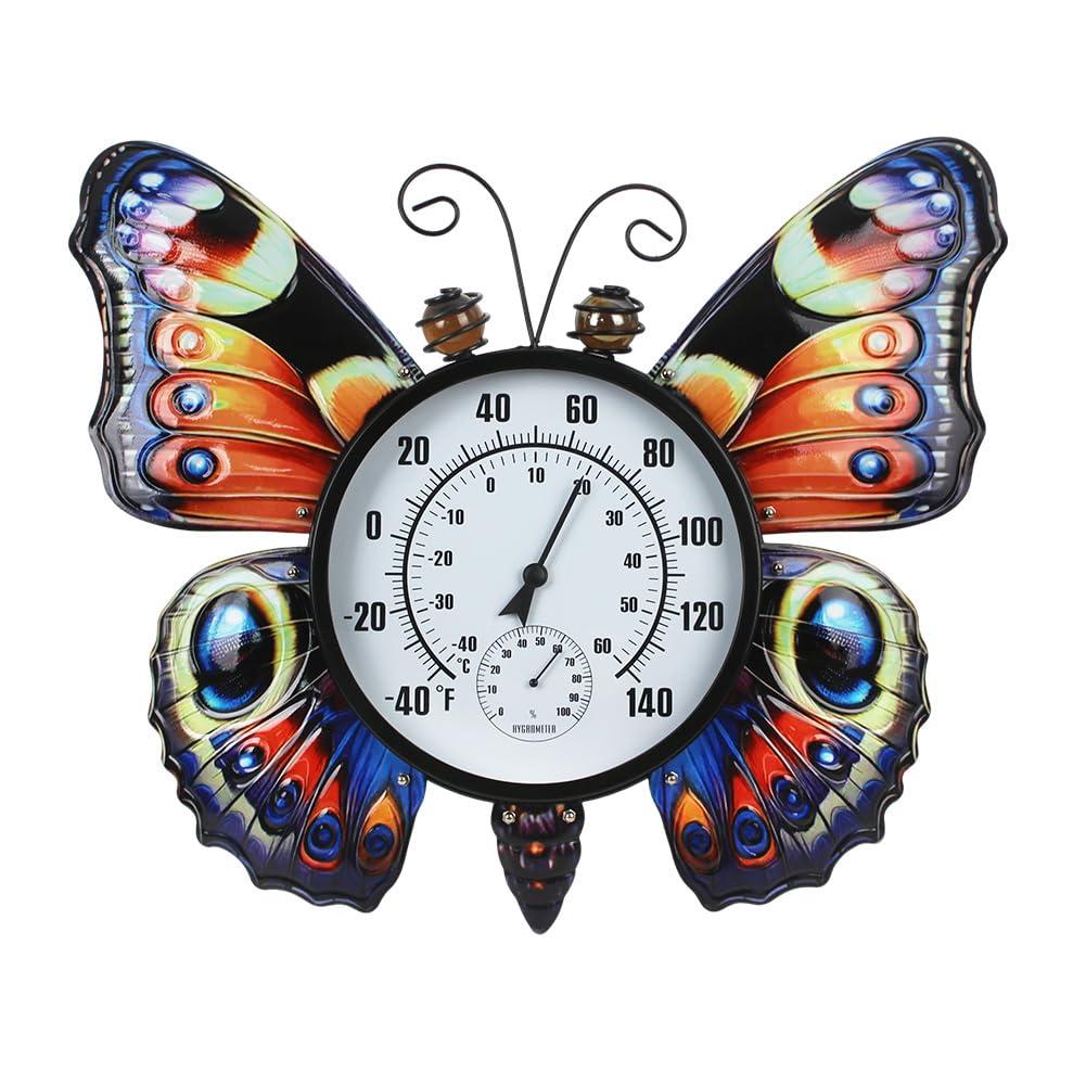 Large Outdoor Thermometer, Printed Butterfly Metal Indoor Wall Thermometer, 23.6" Outside Thermometer with Large Number for Patio Home Room Decor